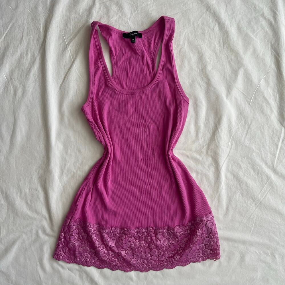 Y2K Pink Ribbed Lace Trim Tank Top by Express - Size M